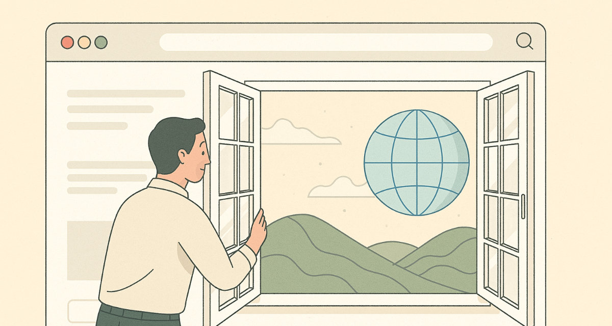 Ilustración de un negocio abriendo una ventana al mundo digital a través de un sitio web.